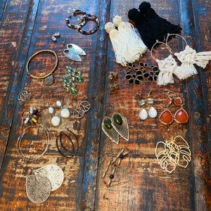 20 Pairs of Earrings, 2 Rings, 1 Bracelet, & 1 Velvet Choker Necklace.